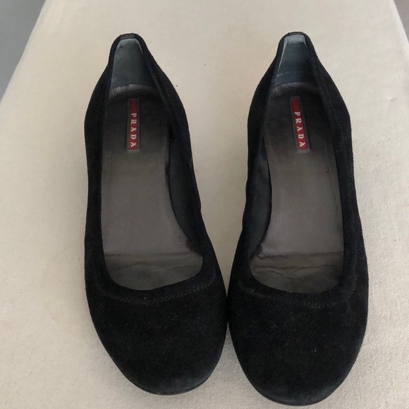 Prada Linea Rossa Shoes - Prada Ballets Linea Rossa black suede with tiny hidden heel